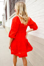 Load image into Gallery viewer, Love Found Red Crepe Sweetheart Wrap Yoke Puff Sleeve Lined Dress
