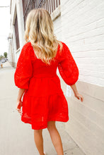 Load image into Gallery viewer, Love Found Red Crepe Sweetheart Wrap Yoke Puff Sleeve Lined Dress
