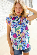 Load image into Gallery viewer, Adorable You White &amp; Blue Abstract Print Flutter Sleeve Notch Neck Top
