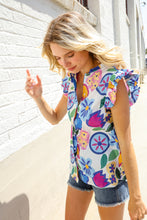 Load image into Gallery viewer, Adorable You White &amp; Blue Abstract Print Flutter Sleeve Notch Neck Top
