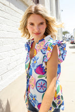 Load image into Gallery viewer, Adorable You White &amp; Blue Abstract Print Flutter Sleeve Notch Neck Top
