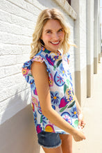 Load image into Gallery viewer, Adorable You White &amp; Blue Abstract Print Flutter Sleeve Notch Neck Top
