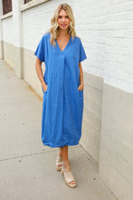 Load image into Gallery viewer, Casual Chic Blue Cotton V Neck Pocketed Midi Tunic
