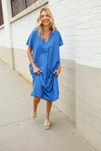 Load image into Gallery viewer, Casual Chic Blue Cotton V Neck Pocketed Midi Tunic
