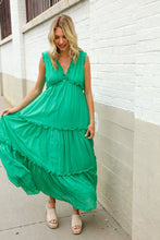 Load image into Gallery viewer, Find Love Green Sleeveless V Neck Frill Ruffle Tiered Lined Maxi
