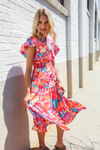 Load image into Gallery viewer, Can&#39;t Look Away Coral Flutter Sleeve Smocked Waist Floral Midi Dress
