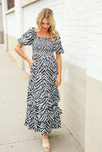 Load image into Gallery viewer, Look My Way Black/White Abstract Print Smocked Neck Maxi Dress
