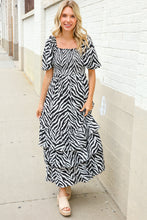 Load image into Gallery viewer, Look My Way Black/White Abstract Print Smocked Neck Maxi Dress
