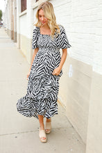 Load image into Gallery viewer, Look My Way Black/White Abstract Print Smocked Neck Maxi Dress
