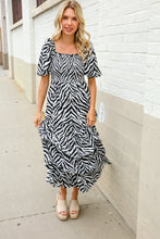 Load image into Gallery viewer, Look My Way Black/White Abstract Print Smocked Neck Maxi Dress
