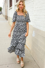 Load image into Gallery viewer, Look My Way Black/White Abstract Print Smocked Neck Maxi Dress
