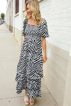 Load image into Gallery viewer, Look My Way Black/White Abstract Print Smocked Neck Maxi Dress
