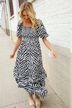 Load image into Gallery viewer, Look My Way Black/White Abstract Print Smocked Neck Maxi Dress
