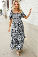 Load image into Gallery viewer, Look My Way Black/White Abstract Print Smocked Neck Maxi Dress

