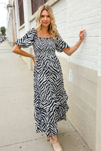 Load image into Gallery viewer, Look My Way Black/White Abstract Print Smocked Neck Maxi Dress
