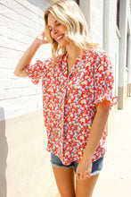 Load image into Gallery viewer, Elegant You Ruby Notched Neck Floral Smocked Sleeve Blouse
