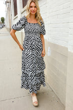 Load image into Gallery viewer, Look My Way Black/White Abstract Print Smocked Neck Maxi Dress
