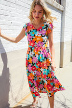 Load image into Gallery viewer, PLUS Feeling Femme Black &amp; Multicolor Floral Print V Neck Midi Dress
