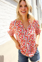 Load image into Gallery viewer, Elegant You Ruby Notched Neck Floral Smocked Sleeve Blouse
