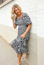 Load image into Gallery viewer, Look My Way Black/White Abstract Print Smocked Neck Maxi Dress
