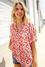 Load image into Gallery viewer, Elegant You Ruby Notched Neck Floral Smocked Sleeve Blouse
