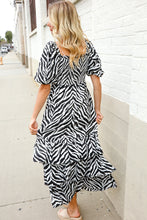 Load image into Gallery viewer, Look My Way Black/White Abstract Print Smocked Neck Maxi Dress
