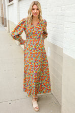 Load image into Gallery viewer, Dazzle in Silky Sage &amp; Coral Floral V Neck Smock Ruffle Sleeve Maxi
