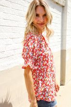 Load image into Gallery viewer, Elegant You Ruby Notched Neck Floral Smocked Sleeve Blouse

