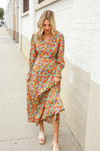 Load image into Gallery viewer, Dazzle in Silky Sage &amp; Coral Floral V Neck Smock Ruffle Sleeve Maxi
