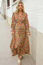 Load image into Gallery viewer, Dazzle in Silky Sage &amp; Coral Floral V Neck Smock Ruffle Sleeve Maxi
