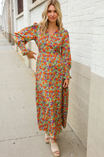 Load image into Gallery viewer, Dazzle in Silky Sage &amp; Coral Floral V Neck Smock Ruffle Sleeve Maxi
