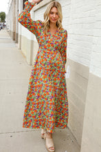 Load image into Gallery viewer, Dazzle in Silky Sage &amp; Coral Floral V Neck Smock Ruffle Sleeve Maxi
