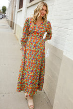 Load image into Gallery viewer, Dazzle in Silky Sage &amp; Coral Floral V Neck Smock Ruffle Sleeve Maxi
