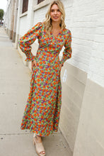 Load image into Gallery viewer, Dazzle in Silky Sage &amp; Coral Floral V Neck Smock Ruffle Sleeve Maxi
