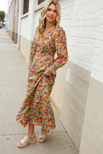 Load image into Gallery viewer, Dazzle in Silky Sage &amp; Coral Floral V Neck Smock Ruffle Sleeve Maxi
