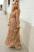 Load image into Gallery viewer, Dazzle in Silky Sage &amp; Coral Floral V Neck Smock Ruffle Sleeve Maxi
