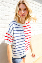 Load image into Gallery viewer, Patriotic Red &amp; Blue Stripe Drop Shoulder Oversize Sweater Top
