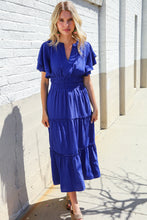 Load image into Gallery viewer, Lock Eyes Solid Blue Smocked Notched Neck Flutter Sleeve Maxi
