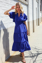 Load image into Gallery viewer, Lock Eyes Solid Blue Smocked Notched Neck Flutter Sleeve Maxi
