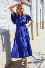 Load image into Gallery viewer, Lock Eyes Solid Blue Smocked Notched Neck Flutter Sleeve Maxi
