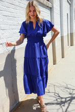 Load image into Gallery viewer, Lock Eyes Solid Blue Smocked Notched Neck Flutter Sleeve Maxi
