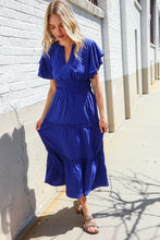 Load image into Gallery viewer, Lock Eyes Solid Blue Smocked Notched Neck Flutter Sleeve Maxi
