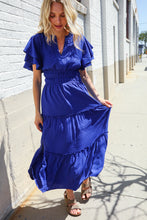 Load image into Gallery viewer, Lock Eyes Solid Blue Smocked Notched Neck Flutter Sleeve Maxi
