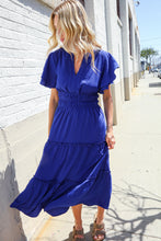 Load image into Gallery viewer, Lock Eyes Solid Blue Smocked Notched Neck Flutter Sleeve Maxi
