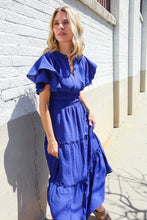 Load image into Gallery viewer, Lock Eyes Solid Blue Smocked Notched Neck Flutter Sleeve Maxi
