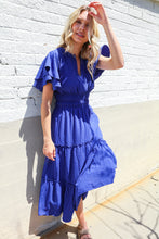 Load image into Gallery viewer, Lock Eyes Solid Blue Smocked Notched Neck Flutter Sleeve Maxi
