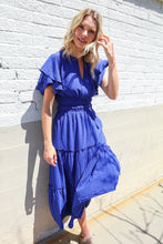 Load image into Gallery viewer, Lock Eyes Solid Blue Smocked Notched Neck Flutter Sleeve Maxi
