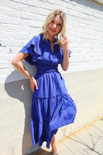 Load image into Gallery viewer, Lock Eyes Solid Blue Smocked Notched Neck Flutter Sleeve Maxi
