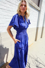 Load image into Gallery viewer, Lock Eyes Solid Blue Smocked Notched Neck Flutter Sleeve Maxi
