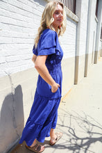 Load image into Gallery viewer, Lock Eyes Solid Blue Smocked Notched Neck Flutter Sleeve Maxi
